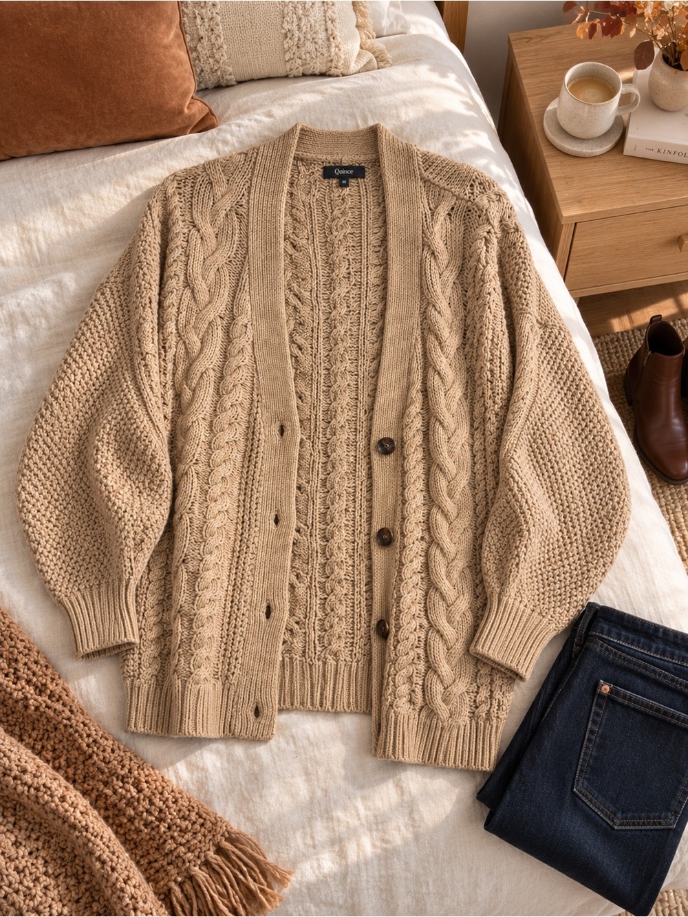 Quince 100% Organic Cotton Oversized Cable Knit Cardigan Camel Medium